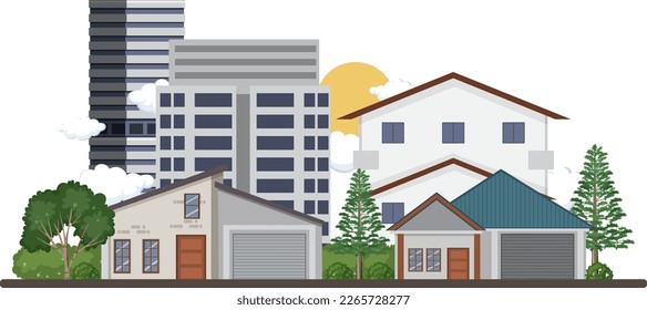 Urban landscape with houses and buildings illustration