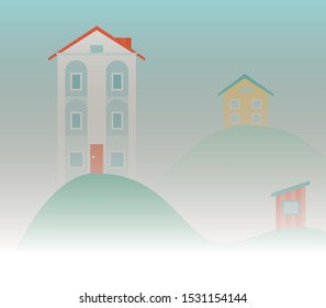 urban landscape with houses and fog