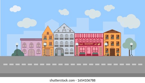 Urban landscape with houses, lanterns, trees and a bakery. In the background, the sky and clouds, in the front of the road Avenue. Frontal view. Convenient for animation.