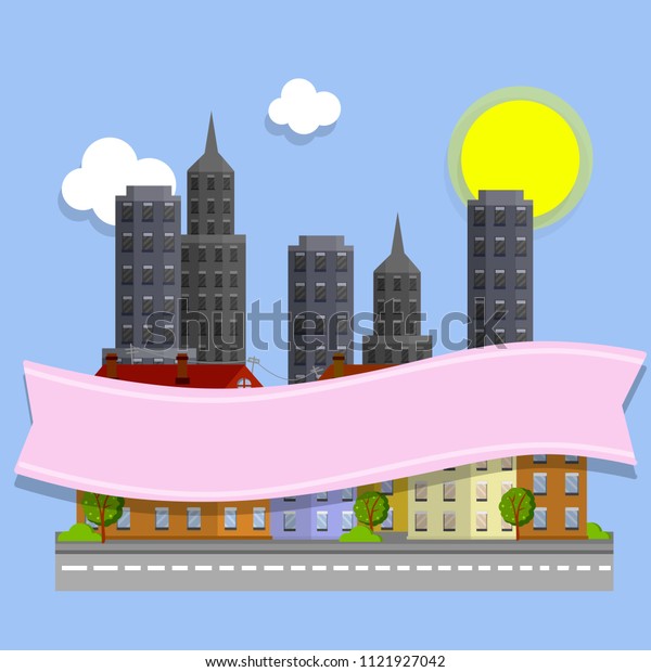 urban landscape with houses with red\
roofs and road. pink logo ribbon for text. Tall houses on the\
background and blue sky. Skyscrapers for business\
office
