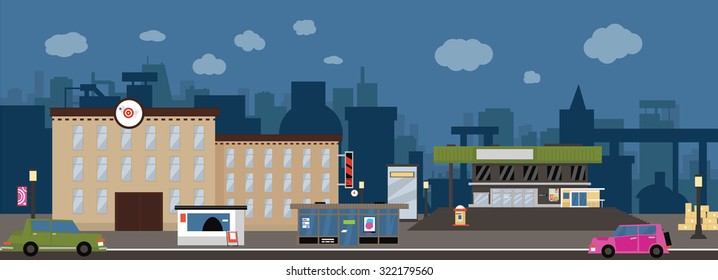 Urban landscape illustration in flat design style, flat city street