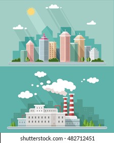  Urban landscape illustrations including downtown, suburb and industrial landscapes