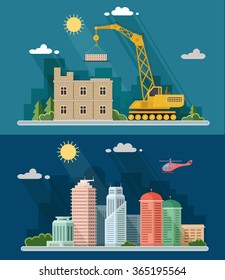 Urban landscape Industrial concept set. big city, Construction site, building a house. Vector flat illustration