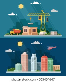 Urban landscape Industrial concept set. big city, Construction site, building a house. Vector flat illustration