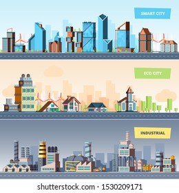 Urban landscape. Industrial smart and eco city modern buildings air pollution vector flat banners