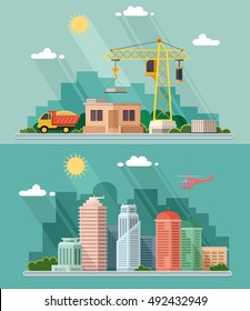 Urban landscape industry set. Construction site, building a house. Vector flat illustration