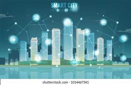Urban landscape with infographic elements. Modern city. Smart city. Concept website template. Vector 