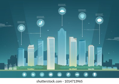 Urban landscape with infographic elements. Modern city. Smart city. Concept website template. Vector illustration