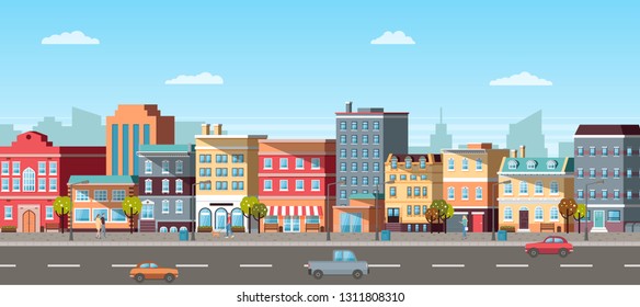 Urban landscape with infographic elements. Modern city, running cars on road, going pedestrians, colorful buildings, cloudy sky, 3d panoramic view vector