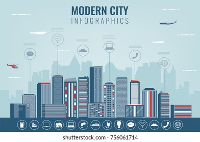 Paisaje urbano con elementos infográficos. Ciudad moderna.Ciudad inteligente. Plantilla de sitio web de conceptos. Ilustración del vector