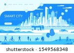 Urban landscape with infographic elements. Smart city. Modern city. People on street. City life. Capital downtown. Electric train. Transportation. Vector illustration. 