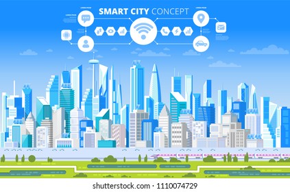 Urban landscape with infographic elements. Smart city. Modern city. Concept website template. Vector illustration.