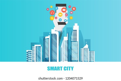 Urban landscape with infographic elements. Smart city. Modern city. Concept website template. Vector illustration.