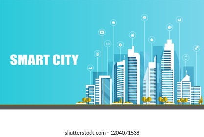 Urban landscape with infographic elements. Smart city. Modern city. Concept website template. Vector illustration.