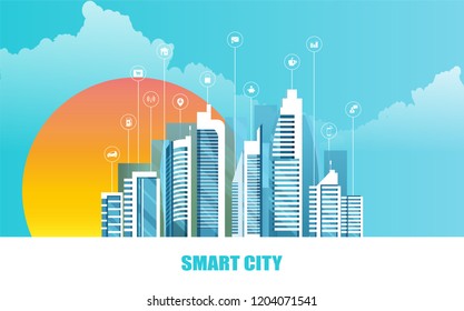 Urban landscape with infographic elements. Smart city. Modern city. Concept website template. Vector illustration.