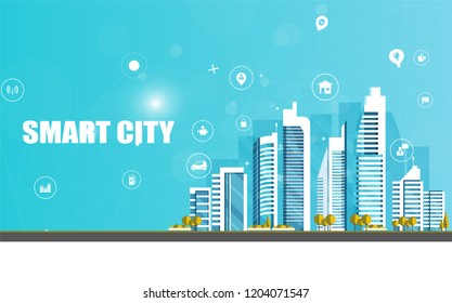 Urban landscape with infographic elements. Smart city. Modern city. Concept website template. Vector illustration.
