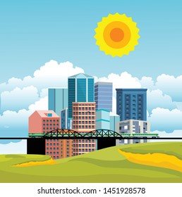 Urban landscape with infographic elements. Smart city. Modern city. Concept website template. Vector illustration.