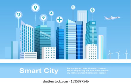 Urban Landscape With Infographic Elements. Smart City.  For Web Page, Banner, Presentation, Social Media. Intelligent Building Isometric Vector, Smart Building, Building On Smartphone, 3d.