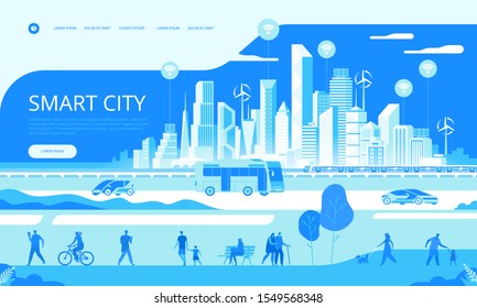 Urban Landscape With Infographic Elements. Smart City. Modern City. People On Street. City Life. Capital Downtown. Electric Train. Transportation. Vector Illustration. 