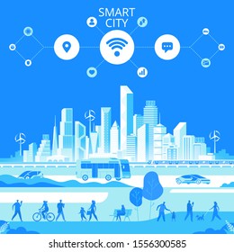 Urban landscape with infographic elements. Smart city. Modern city. People on street. City life. Capital downtown. Electric train. Transportation. Vector illustration. 