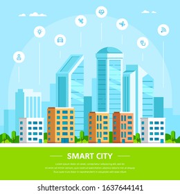 Urban landscape with infographic elements. Smart city concept banner. Modern city. Concept website template in flat style.