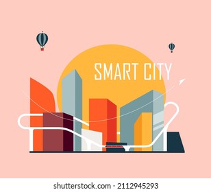 Paisaje urbano con elementos infográficos. Ciudad inteligente. Ciudad moderna. Plantilla de sitio web de concepto. Ilustración vectorial.