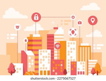 Urban landscape with infographic elements. Smart city. Modern city. Concept website template. Vector illustration.