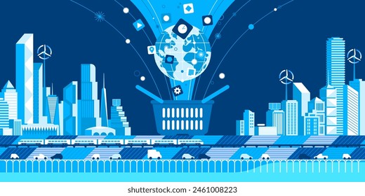 Urbana paisaje con elementos infográficos. Ciudad inteligente. Ciudad moderna. Vida en la ciudad. Capital del centro. El tren eléctrico. Transporte. Ilustración vectorial. 