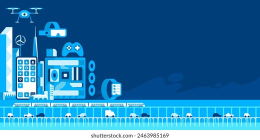 Urban landscape with infographic elements. Smart city. Modern city. City life. Capital downtown. Electric train. Transportation. Vector illustration. 