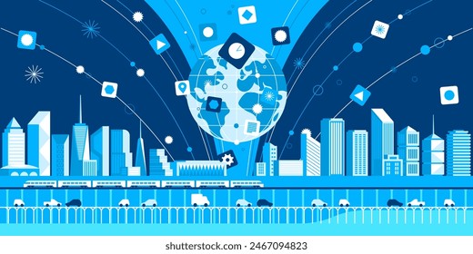 Urban landscape with infographic elements. Smart city. Modern city. City life. Capital downtown. Electric train. Transportation. Vector illustration. 