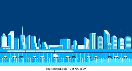 Urban landscape with infographic elements. Smart city. Modern city. City life. Capital downtown. Electric train. Transportation. Vector illustration. 