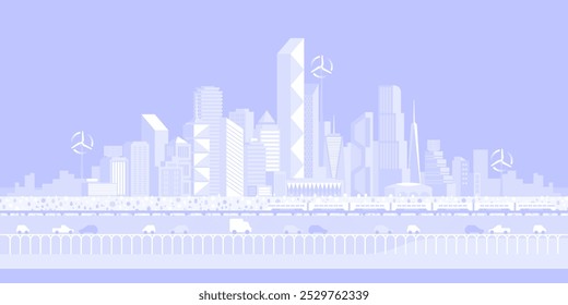 Urban landscape with infographic elements. Smart city. Modern city. City life. Capital downtown. Electric train. Transportation. Vector illustration. 