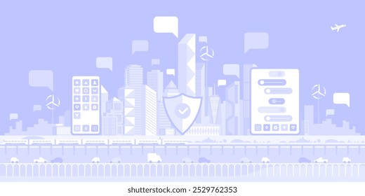 Urban landscape with infographic elements. Smart city. Modern city. City life. Capital downtown. Electric train. Transportation. Vector illustration. 