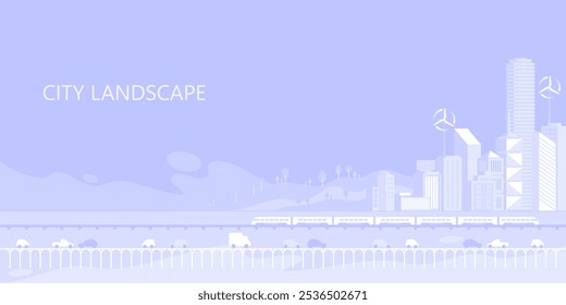 Paisagem urbana com elementos infográficos. Cidade inteligente. Cidade moderna. Vida na cidade. O centro da capital. Trem elétrico. Transporte. Ilustração vetorial. 