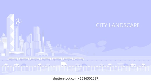 Urban landscape with infographic elements. Smart city. Modern city. City life. Capital downtown. Electric train. Transportation. Vector illustration. 