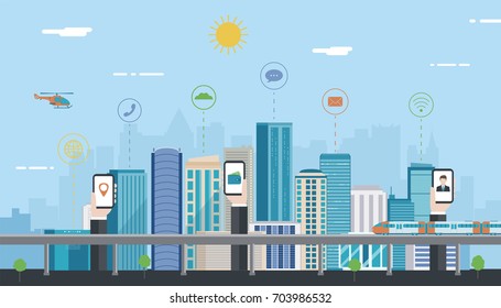 Paisaje urbano con elementos infográficos. Ciudad inteligente.Ciudad moderna. Concepto de manipulación de sitios web. Vector 