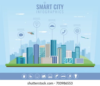 Urban landscape with infographic elements. Smart city. Modern city. Concept website tamplate. Vector 