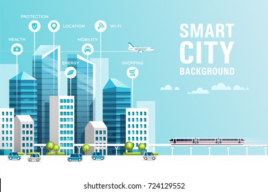 Urban Landscape With Infographic Elements. Smart City. Modern City. Concept Website Template. Vector Illustration.