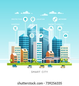 Urban landscape with infographic elements. Smart city. Modern city. Concept website template. Vector illustration.
