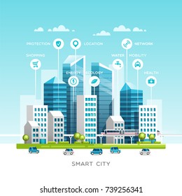 Urban Landscape With Infographic Elements. Smart City. Modern City. Concept Website Template. Vector Illustration.
