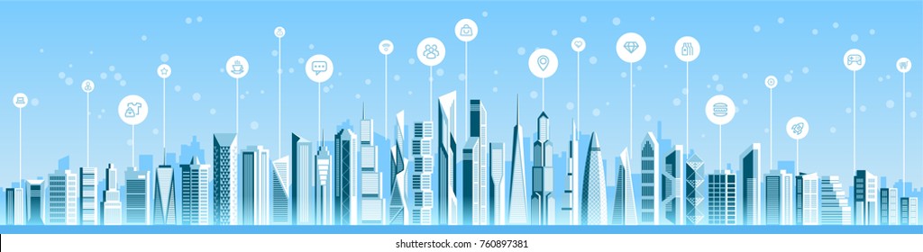 Urban Landscape With Infographic Elements. Smart City. Modern City. Concept Website Template. Vector Illustration.