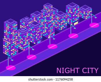 Urban landscape with isometric buildings lanterns and road. Violet color. Vector illustraion