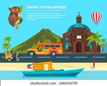 Urban Landscape With Landmarks Of Philippines. Banner Journey And Trip Philippines, Traditional Landmark And Tourism. Vector Illustration