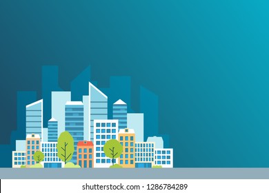 Urban landscape with large and little buildings and trees and bushes. Concept website template in flat style