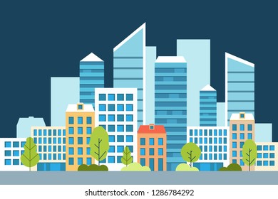 Urban landscape with large and little buildings and trees and bushes. Concept website template in flat style