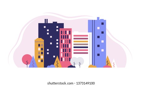 Urban landscape with large and little buildings and trees and bushes. Flat design style vector graphic illustration