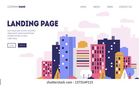 Urban landscape with large and little buildings and trees and bushes.  Landing page for a website about real estate business 