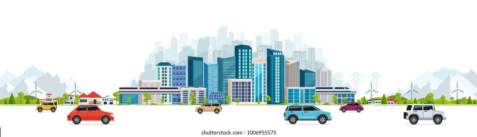 Urban landscape with large modern buildings, skyscrapers and suburb with private houses on a background mountains and hills. Street, highway with cars on white background.