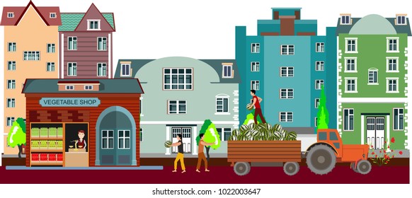 Urban landscape with large modern buildings  Street,vegetable shop, unloading watermelons in the store from the tractor. Concept city and city life.