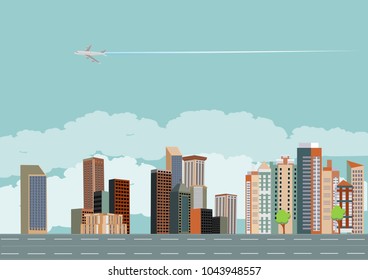 Urban landscape with large modern buildings standing along thr road clouds on a background Street, highway.  Concept city and suburban life.